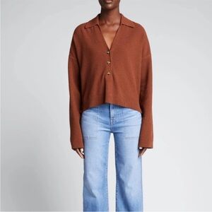 Veronica Beard Takira Long-Sleeve Brown Collared Polo Sweater